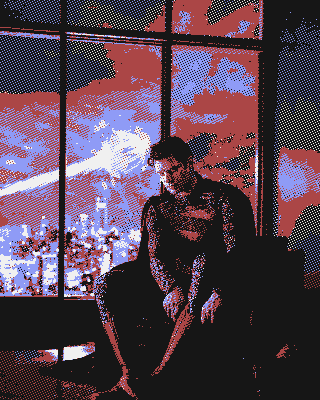 superman donning his boots, as a battle rages in the background